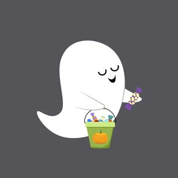 Satisfied ghost with pail of sweets. Halloween. Cartoon, flat, vector Stock Illustration