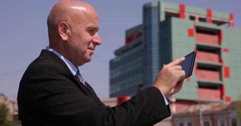 Satisfied Happy Manager Use Touch Pad Real Estate Agent Holding Device Internet Stock Footage 53892325