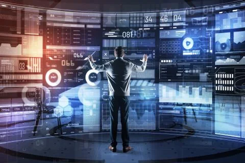 Satisfied programmer looking at the new programs and feeling good Stock Photos