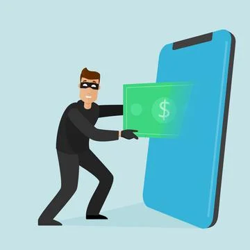 Satisfied thief pulls dollar out of phone.Mobile phone scam.Vector flat Stock Illustration