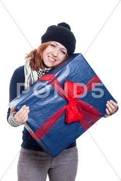 Satisfied woman with big present Stock Photos