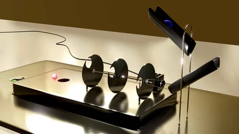 Satisfying, perfect shot animation. Machine shoots ball through obstacle course. 스톡 동영상 123557933