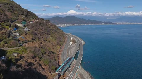 Satta Pass Coast and Mount Fuji Revealed by Slow Aerial Advance Stock Footage 342239562