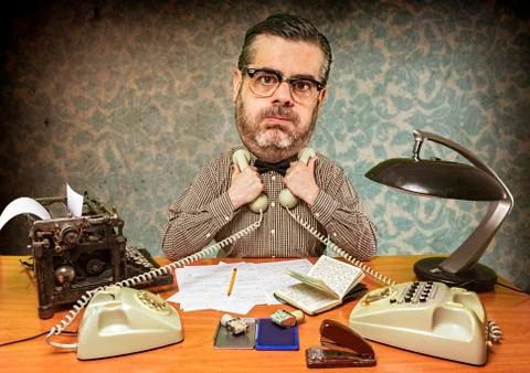 Saturated office worker oppresses two phones against the breast not to listen Stock Illustration