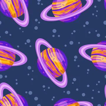 Saturn abstract seamless space pattern background with planets with rings. So Stock Illustration