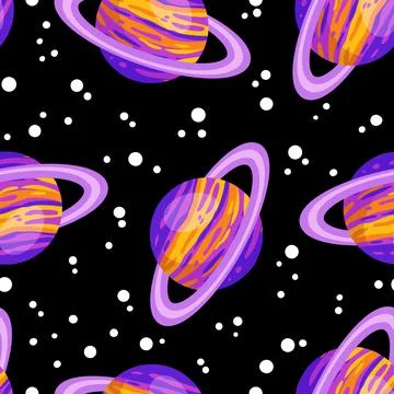 Saturn abstract seamless space pattern background with planets with rings. So Stock Illustration