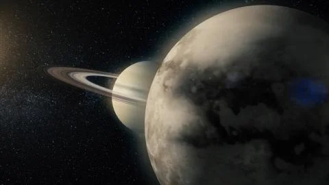 Saturn and his ring system. View of Saturn from Titan. Titan Saturn moon Ilustração Stock