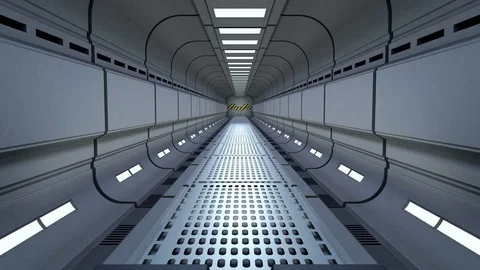 Saturn on backdrop, Camera flies out of tunnel and flying in space station door Stock Footage 85051082