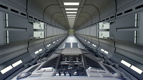 Saturn in the backdrop. Spacecraft flies out of the tunnel. Stock Footage 85052142