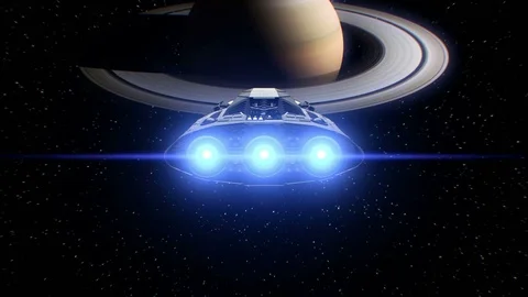 Saturn on background, extraterrestrial sci-fi spaceship approaching to Planet 動画素材 85068959