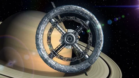 Saturn on the background. Flight through the gates of the sci-fi space station Stockbeeldmateriaal 85058676