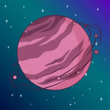 Saturn with its moon in the outer space with stars. Vector illustration in cute Stock Illustration