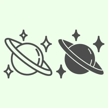 Saturn line and solid icon. Planet with stars in space outline style pictogram Ilustración de archivo
