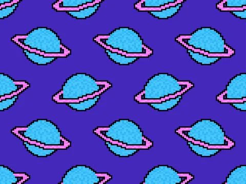 Saturn pixel art seamless pattern. Saturn 8 bit graphics video games 90s. 스톡 일러스트