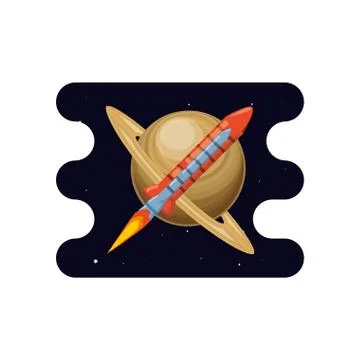 Saturn planet with rocket scene space Stock Illustration