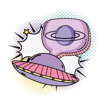 Saturn planet with speech bubble and rocket Illustrazione stock
