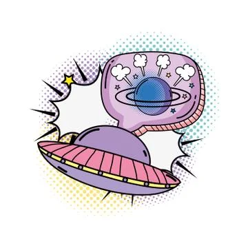 Saturn planet with speech bubble and rocket Illustrazione stock
