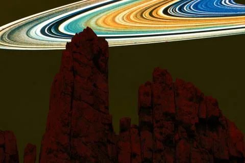 Saturn ring back between two red mountain night sky 写真素材