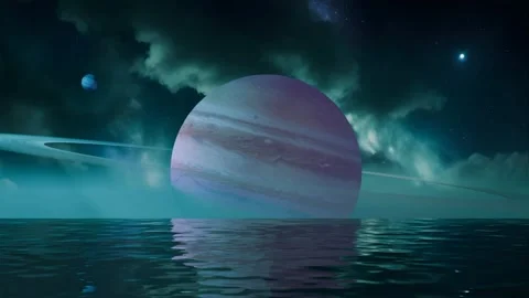Saturn Ringed Planet In Space View From Ocean At Night : Sci-fi lofi loop 스톡 동영상 256025952