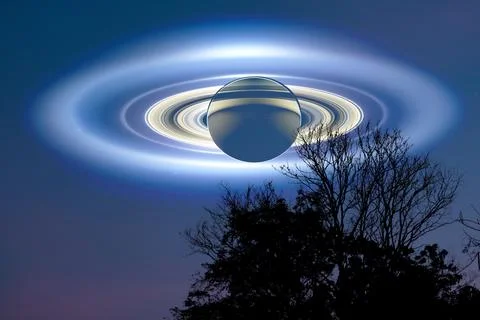 Saturn shadow over silhouette top tree and teal purple night sky Ilustração Stock