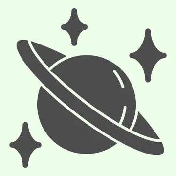 Saturn solid icon. Planet with stars in space glyph style pictogram on white Ilustración de archivo