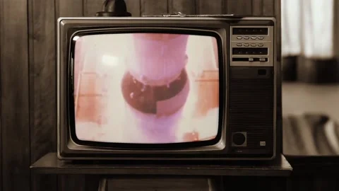 Saturn V Rocket Launch Playing on Vintage TV, Sepia Nostalgic Interior - NASA Stock Footage 119046703