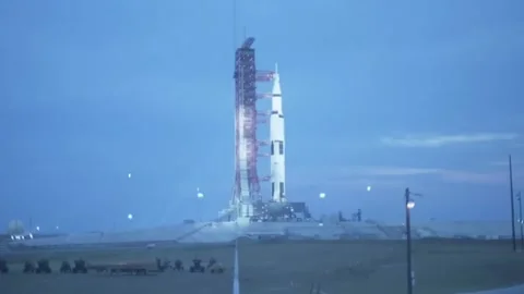 Saturn V rocket standing on the launch pad before the moon mission. Stock Footage 338225001