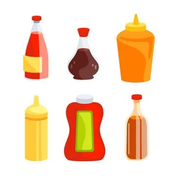 Sauce bottles Set. Collection of condiments including ketchup, mustard, and Illustrazione stock