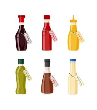 Sauce bottles a set of flat vector isolated illustrations. Stock Illustration