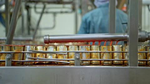 The sauce filling point into cans is one step in the process Stock Footage 339004371