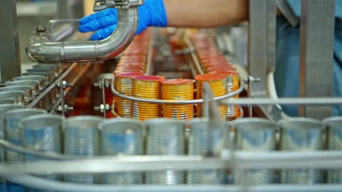 The sauce filling point into cans is one step in the process Stock Footage 339007110
