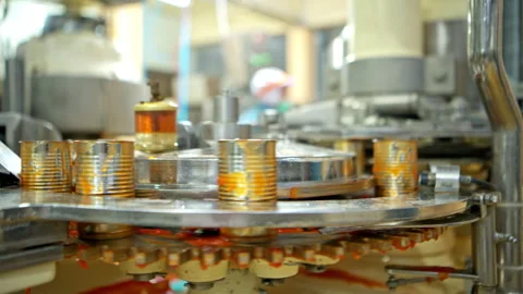 The sauce filling point into cans is one step in the process Stock Footage 339046876
