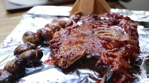 Sauce Spread on Grilled Meat Stock Footage 296023949