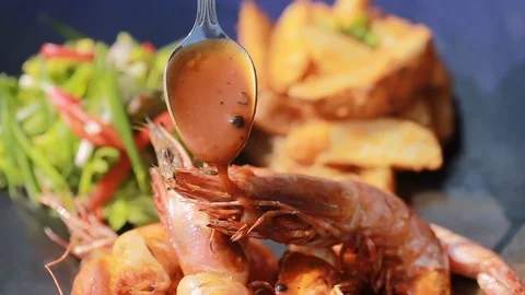 Sauced Jumbo Shrimp Video stock 123313139