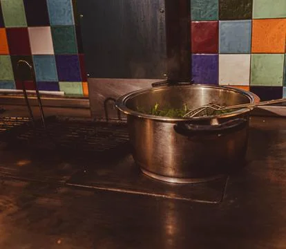 Saucepans in the kitchen Foto stock