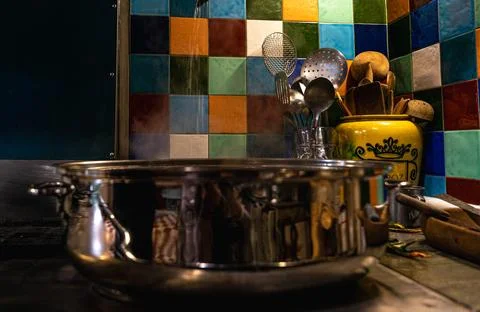 Saucepans in the kitchen Stock Photos