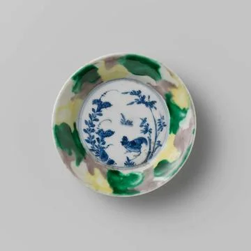 Saucer with Egg and Spinach Pattern and Cock Among Plants. Deep dish of po... Stock Photos