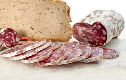 Saucisson and bread Stock Photos