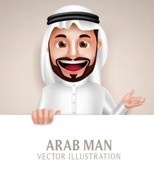 Saudi arab man vector character happy smiling holding white blank board Stock Illustration