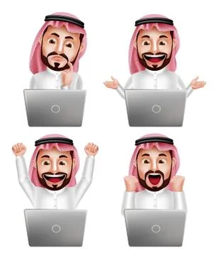 Saudi arab man vector character set in front of laptop with different actions Stock Illustration