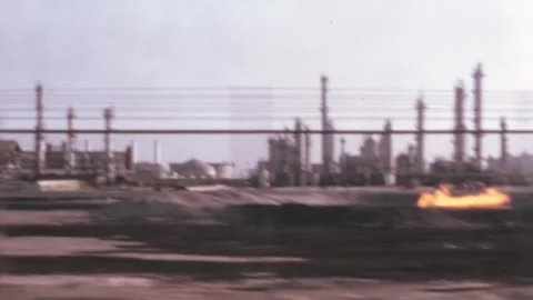 Saudi Arabia - 1969: Panoramic view of oil-refinery plant with heavy equipments Stock Footage 219850146