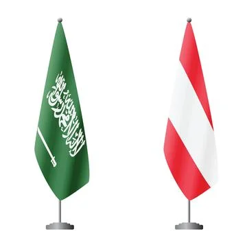 Saudi Arabia and Austria flags on flagpoles for official ceremonies and meetings Stock Illustration