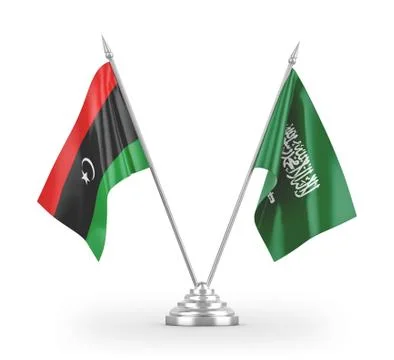 Saudi Arabia and Libya table flags isolated on white 3D rendering Stock Illustration