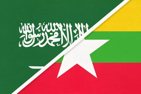 Saudi Arabia and Myanmar or Burma, symbol of national flags from textile. Stock Photos