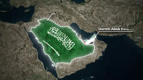 Saudi Arabia and UAE Border and Flag Animation on Satellite Map Background Stock Footage 345158307