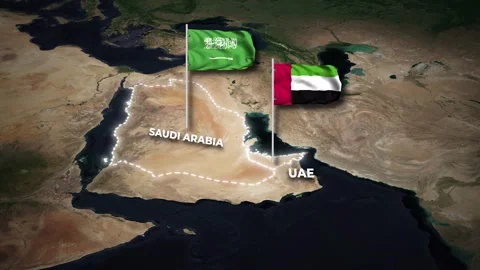 Saudi Arabia and UAE Map Animation with Flag Waving on Satellite Background Stock Footage 346472343