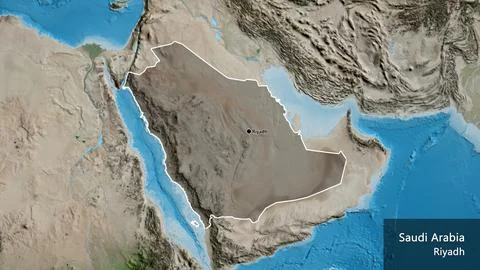 Saudi Arabia border shape overlay. Outlined. Satellite. Labels Stock Illustration