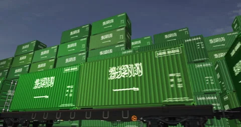 Saudi Arabia export containers on cargo train wagons loop Stock Footage 307613254