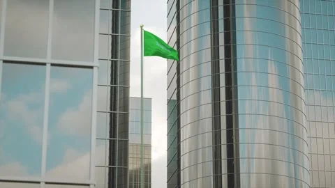 Saudi Arabia Flag 3D Render Animation on Pole with City Buildings 스톡 동영상 332310698
