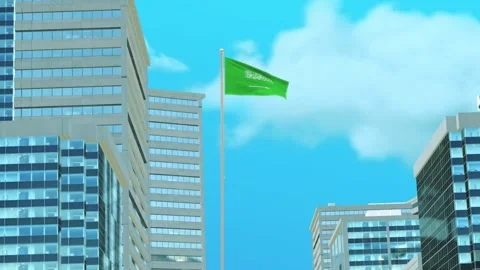 Saudi Arabia Flag 3D Render Animation with Urban Architecture and Clear Blue Video stock 333117886